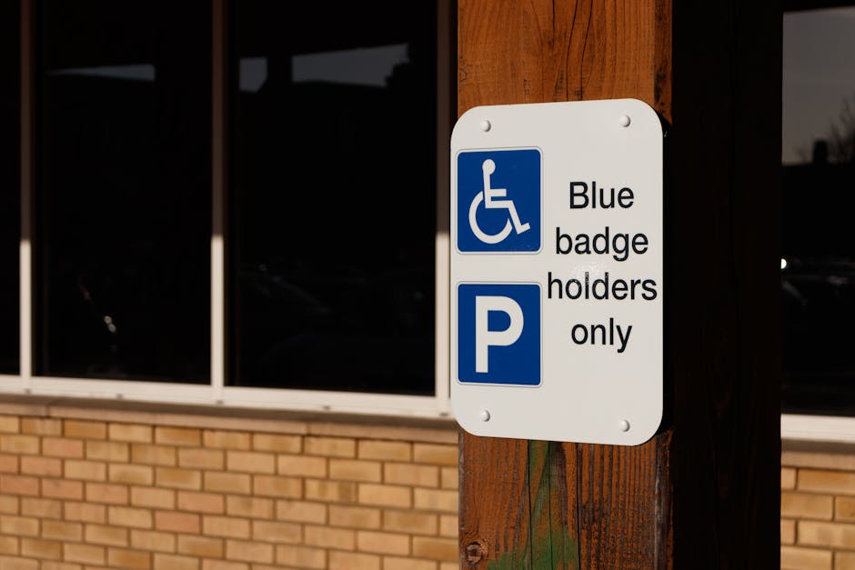 A blue parking sign with a white wheelchair symbol and a large white 'P' is mounted on a metal pole in front of a smooth, dark grey wall. The sign indicates designated accessible parking, likely in a